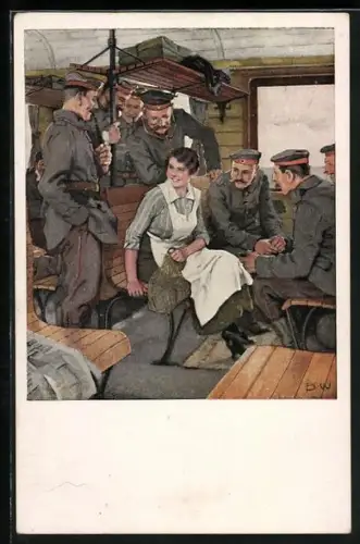 Künstler-AK Brynolf Wennerberg: Soldaten in der Eisenbahn belagern ein hübsches Mädchen