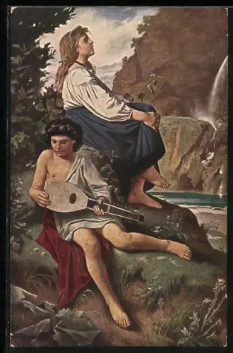 Künstler-AK Junges Paar mit Gitarre