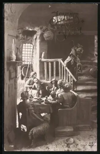 Künstler-AK Domenico Mastroianni: Familie am Tisch und Weihnachtsmann an der Treppe, Weihnachtsgruss