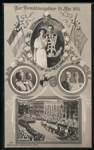 AK Prinz Ernst August von Hannover heiratet Viktoria Luise am 24. Mai 1913, Kaiserpaar u. Herzogspaar v. Cumberland
