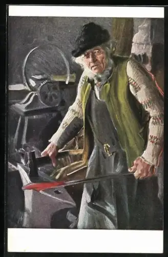 Künstler-AK Alter Schmied bei der Arbeit am Amboss