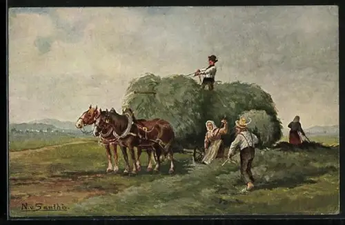 Künstler-AK Bauern mit Pferdegespann bringen die Heuernte ein