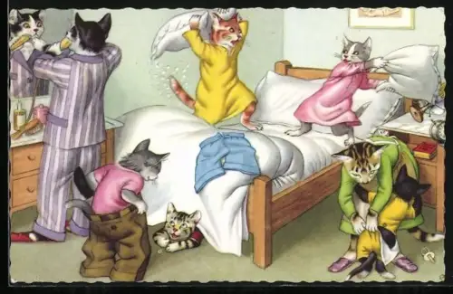 AK vermenschlichte Katzen machen eine Kissenschlacht im Schlafzimmer der Eltern