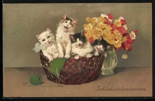 Künstler-AK Marie Flatscher (M.FL.): Schönheitskonkurrenz, Katzenkinder neben Blumenvase