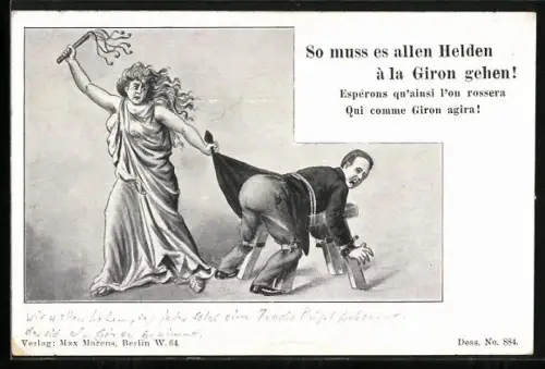 AK Karikatur Andre Giron, Frau peitscht Giron aus, Wer lieben will, muss leiden!