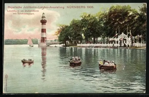 AK Nürnberg, Bayerische Jubiläums-Landes-Ausstellung 1906, Leuchtturm am Dutzendteich mit Teichrestaurant