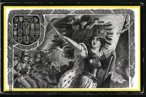Künstler-AK österreichische Infanterie zieht mit Göttin ins Gefecht, Wappen, Rotes Kreuz