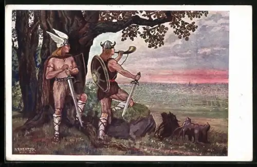 Künstler-AK Deutscher Wehrausschuss, Germanen blasen in`s Horn