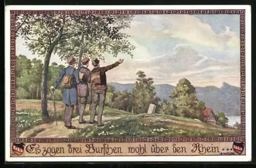Künstler-AK Ernst Kutzer: Es zogen drei Burschen wohl über den Rhein...