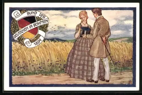 Künstler-AK Böhmen, Bund der Deutschen in Böhmen 1894, Paar auf einem Feldweg