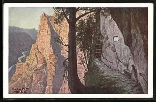 Künstler-AK Bruno Hess: Wasserfallweg Emesruhe mit Talblick
