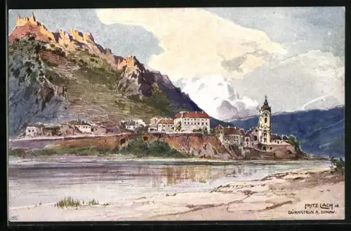 Künstler-AK Fritz Lach: Dürnstein / Donau, Ortsansicht vom Wasser aus