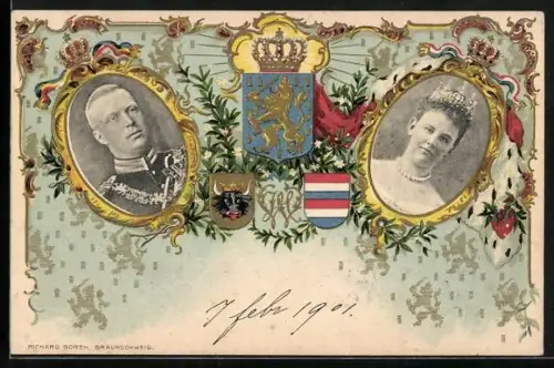 Lithographie Königin Wilhelmina von den Niederlanden und ihr Gemahl, Wappen, Krone