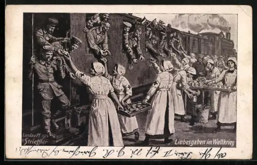 Künstler-AK sign. Strieffler: Rotkreuzschwestern reichen Liebesgaben an die Zugfenster