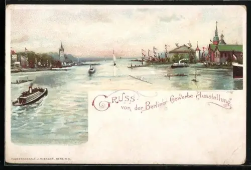 Lithographie Berlin, Gewerbe-Ausstellung 1896, Ausstellungsgelände vom Wasser her