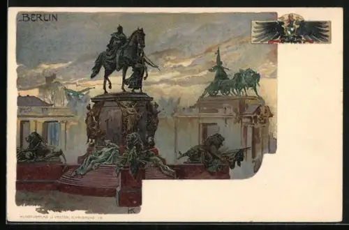 Künstler-AK Heinrich Kley: AK Berlin-Tiergarten, Denkmal und Brandenburger Tor