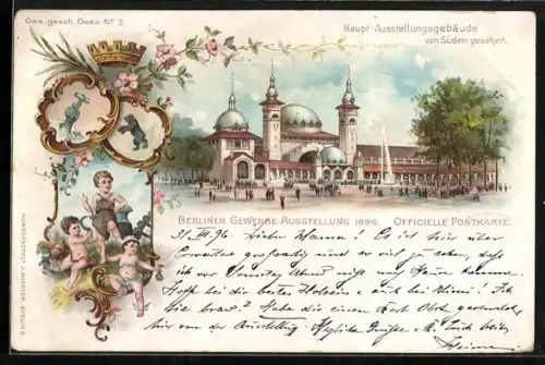 Lithographie Berlin, Gewerbe-Ausstellung 1896, Haupt-Ausstellungsgebäude v. Süden gesehen