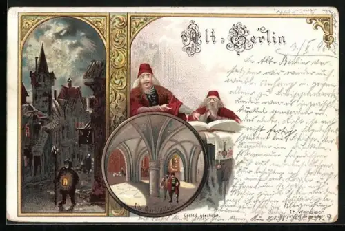 Lithographie Berlin, Berliner Gewerbe-Ausstellung 1896, Nachtwächter läuft nachts durch die Strassen