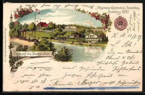 Lithographie Hamburg, Allgemeine Gartenbau-Ausstellung 1897, Am Stadtgraben