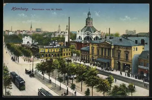 AK Hamburg-St. Pauli, Panorama von St. Pauli, Strassenbahn