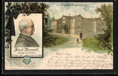 Lithographie Friedrichsruh, Schloss, Porträt Bismarcks mit Lebensdaten