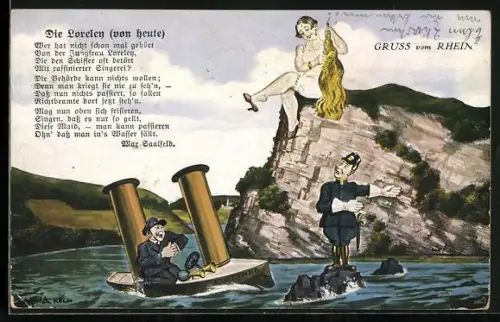 Künstler-AK Polizist weist dem Dampfer den Weg an der Loreley vorbei