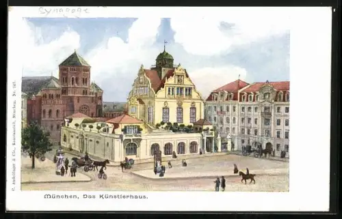 Künstler-AK München, Künstlerhaus und Synagoge aus der Vogelschau