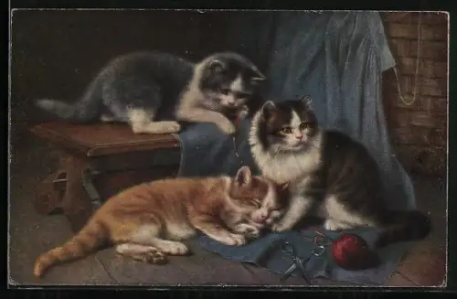 AK Kleine Katzen mit Wollknäuel und Schere