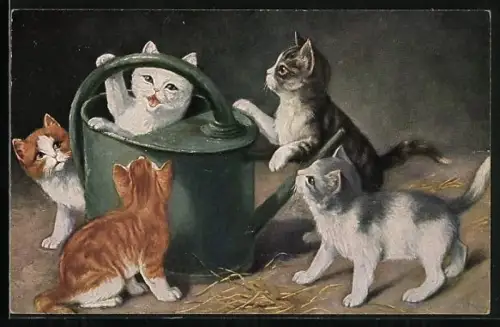 AK Kätzchen mit einer Giesskanne