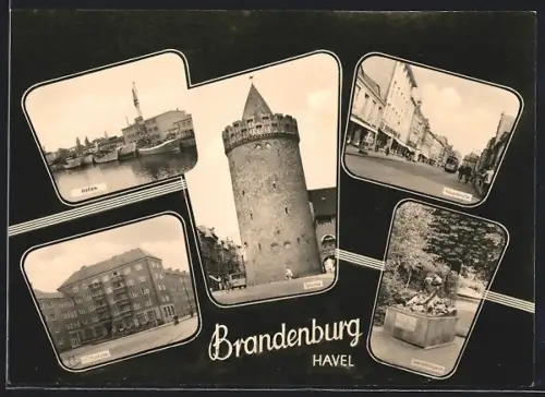 AK Brandenburg /Havel, Steintorturm, Hafen, Hauptstrasse, Wohnhaus, Roland-Denkmal