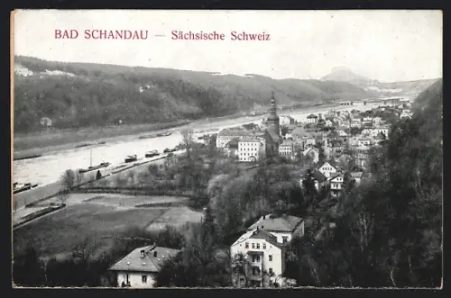 Lithographie Bad Schandau /Sächsische Schweiz, Stadtansicht an der Elbe