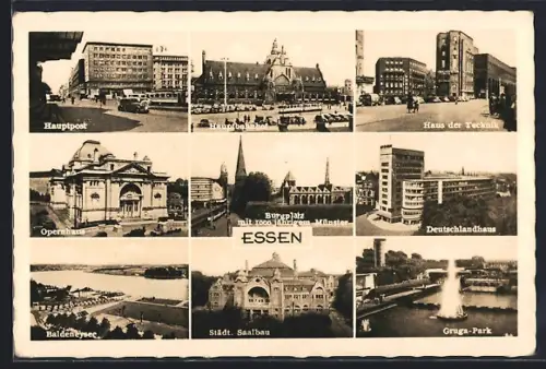 AK Essen, Hauptpost, Burgplatz mit Dom und Münster, Gruga-Park