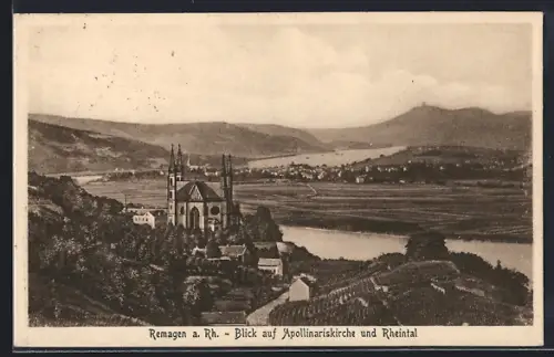 AK Remagen a. Rh., Blick auf Apollinariskirche und Rheintal