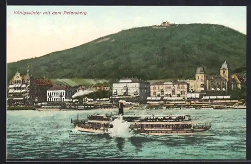 AK Königswinter, Petersberg, Rhein, Dampfschiff