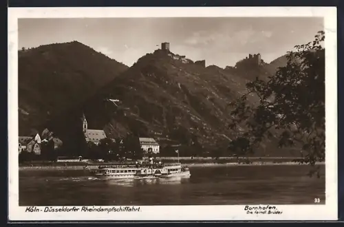 AK Bornhofen, Die feindl. Brüder mit Kirche und Rheindampfschiff
