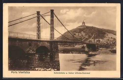 AK Porta Westfalica, Denkmals-Restaurant Porta Westfalica, Inh. Gesch. Schmidt, Kettenbrücke mit Kaiser Wilhelm-Denkmal