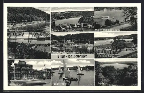 AK Essen-Baldeneysee, Stauwehr, Villa Hügel, Segelregatta