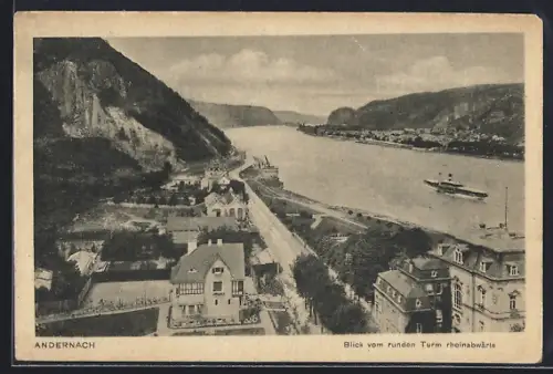 AK Andernach, Blick vom runden Turm rheinabwärts