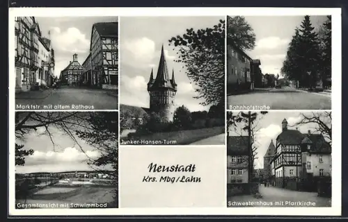 AK Neustadt / Hessen, Marktplatz mit altem Rathaus, Junker-Hansen-Turm, Gesamtansicht mit Schwimmbad