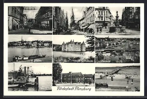 AK Flensburg, Rathausstrasse, Südermarkt mit Brunnen, Schloss Glücksburg