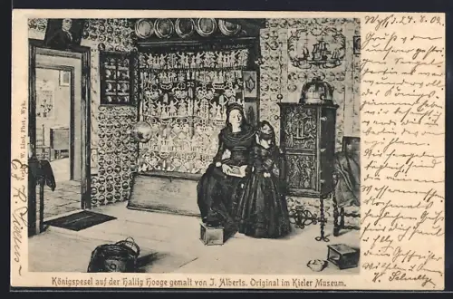 AK Hallig Hooge, Königspesel, Gemälde von J. Alberts, Original im Kieler Museum