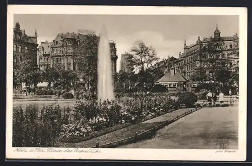 AK Köln-Neustadt, Parkanlage mit Brunnen und historische Gebäude am Platz der Republik