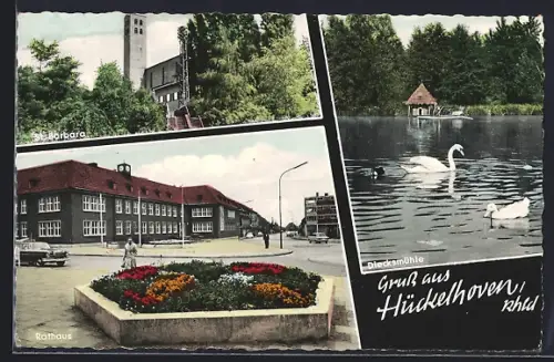 AK Hückelhoven /Rhld., Kirche St. Barbara, Rathaus, Diecksmühle