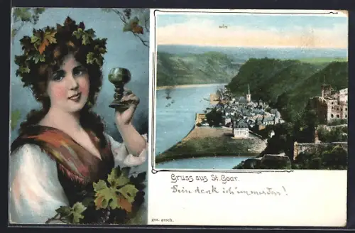 AK St. Goar, Blick auf Stadt und Rhein, Frau mit Weinglas
