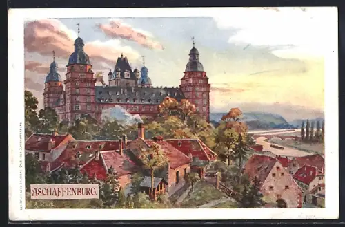 Künstler-AK Aschaffenburg, Schloss Johannisburg, Stadtansicht