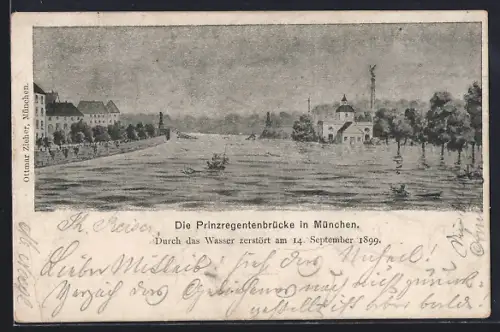 AK München, Prinzregentenbrücke durch Hochwasser zerstört am 14. September 1899