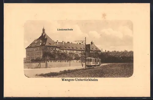 AK Wangen-Untertürkheim, Lindenschule, Strassenbahn