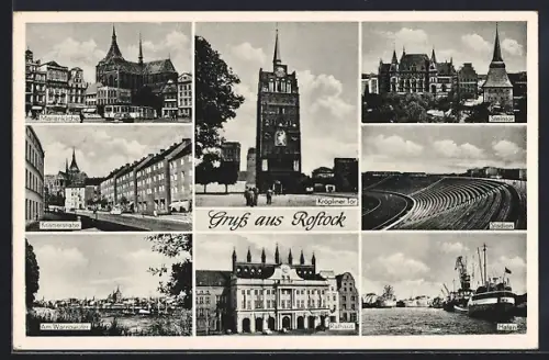 AK Rostock, Marienkirche, Kröpliner Tor, Rathaus, Stadion