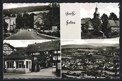 AK Grossfelda, Kirche, Ortsansicht, Strassenpartie