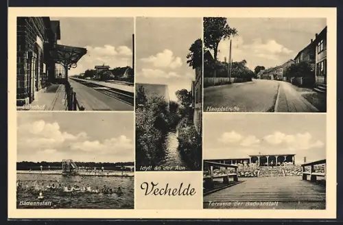 AK Vechelde, Bahnhof, Hauptstrasse, Badeanstalt, Terrasse der Badeanstalt, Idyll an der Aue